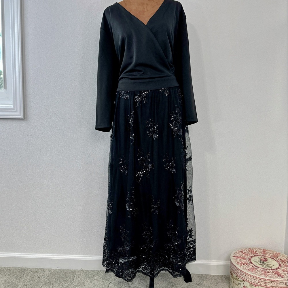 Black Sequin Maxi Dress Plus 26W Wrap Bodice Floral Embroidered Overlay
